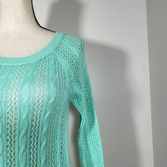 SO Teal Crew Neck Eyelet Embroidered Hem 3/4 Sleeve Pullover Sweater XS - Picture 4 of 12